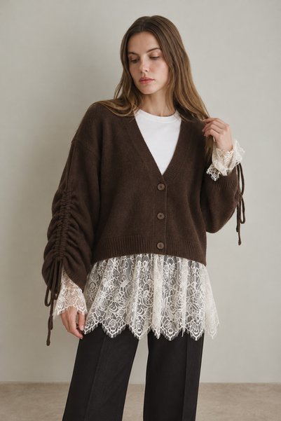 Yefrastore Women's Brown Lace Detailed Wool Blend V-Neck Buttoned Knitwear Cardigan