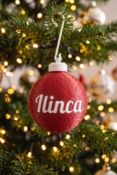 OEM Glob Craciun 3D Personalizat Ilinca - Sfera Brad Rosu Satinat cu Nume Pri...