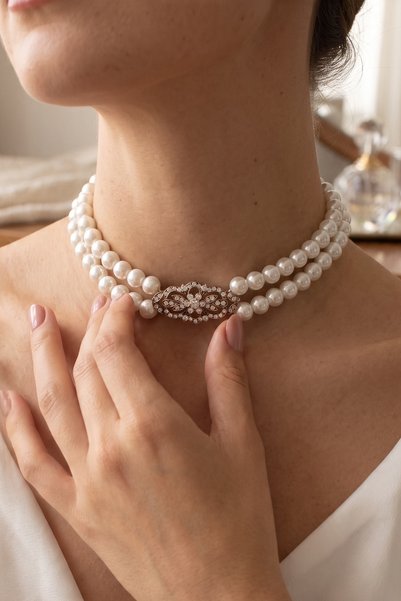 FAYRA ACCESSORIES İnci Choker Kolye Zirkon Taşlı Tasma Kolye