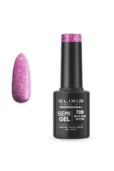 Elixir Professional Semi Gel Ημιμόνιμο Βερνίκι Νυχιών 728 Spicy Pink Glitter ...