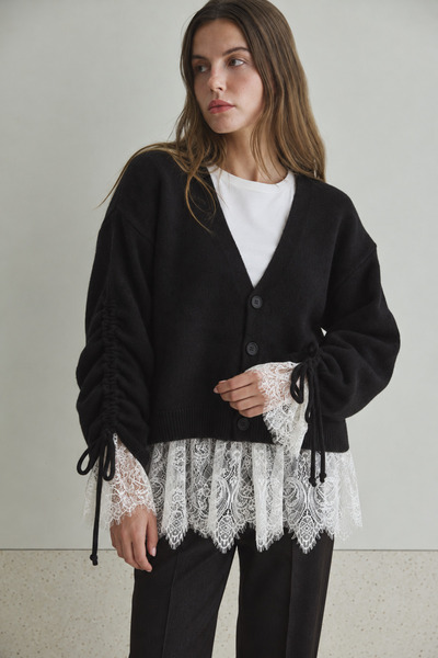 Yefrastore Women's Black Lace Detailed Wool Blend V-Neck Buttoned Knitwear Cardigan