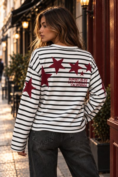 Moda Neval Women's Black Striped Crew Neck Oversize Sweatshirt