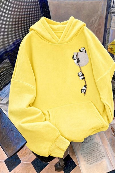 Oksit Hanorac supradimensionat cu glugă, cu detaliu panda drăguț și buzunar cangur (Hoodie)