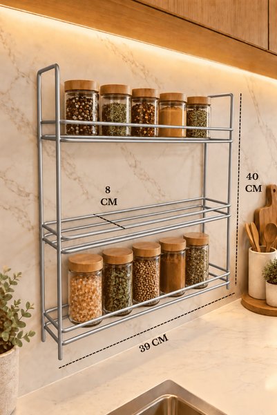 Edora Home Mat Gümüş 3 Katlı Duvara Monte Baharatlık Rafı – Yapışkanlı Delmed...