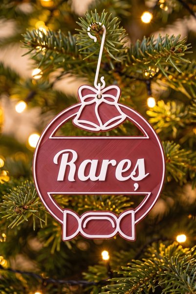 OEM Glob Craciun Personalizat cu Nume Rares - Ornament Brad Plat Visiniu cu C...