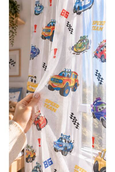 Fon Dünyası Children's Room Tulle Curtain with Racing Car Figure