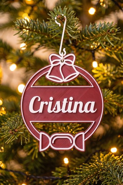 OEM Glob Craciun Personalizat Cristina - Ornament Brad Plat Visiniu cu Carlig