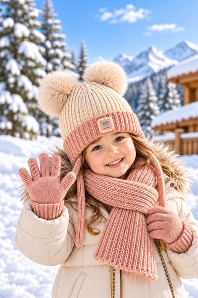 minik'o kids Ki̇tti̇ 26160-04 Girls 1-4 Years Knitted Hat Gloves Set