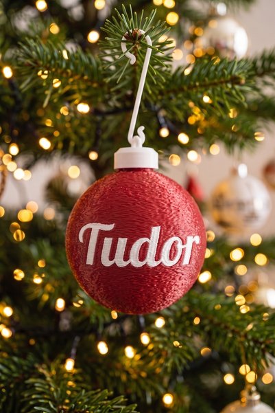 OEM Glob Craciun 3D Personalizat Tudor - Sfera Brad Rosu Satinat cu Nume Printat