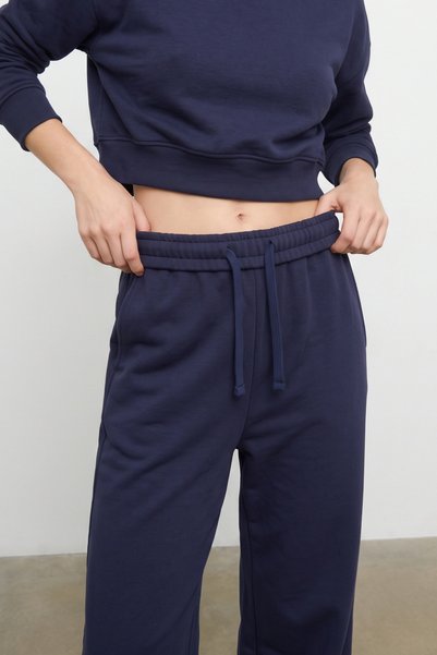 VODENS Navy Blue Soft Wide-Leg Folded-Waist Jogger Pants