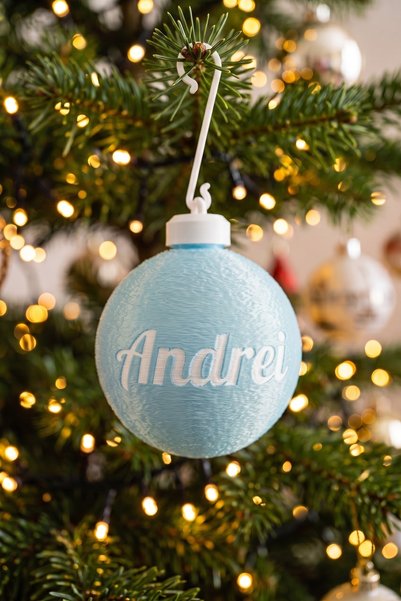 OEM Glob Craciun 3D Personalizat Andrei - Sfera Brad Bleu Pastel cu Nume Printat