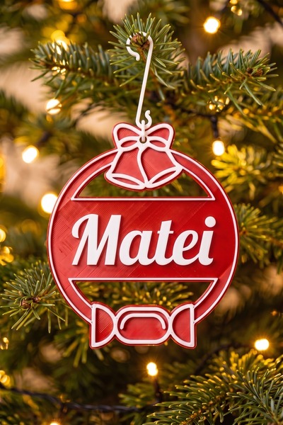 OEM Glob Craciun Personalizat cu Nume Matei - Ornament Brad Plat Rosu Satinat...