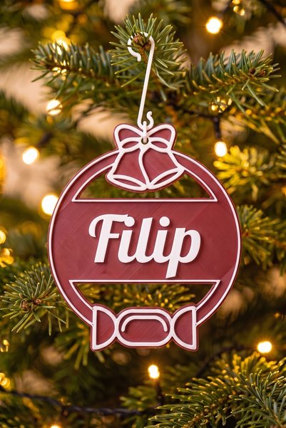 OEM Glob Craciun Personalizat Filip - Ornament Brad Plat Visiniu cu Carlig