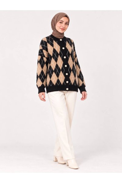 Sfg Life Moda Women's Crew Neck 7-Button Diamond Patterned Bearded Furry Knitwear Cardigan-Mink