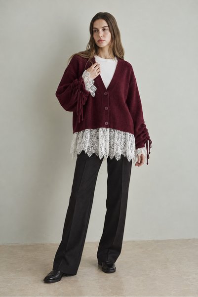 Yefrastore Women's Burgundy Lace Detailed Wool Blend V-Neck Buttoned Knitwear Cardigan