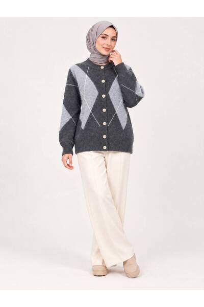 Sfg Life Moda Women's Diamond Patterned 7-Button Crew Neck Long Sleeve Bearded Shawl Collar Knitwear Jacket - Gray