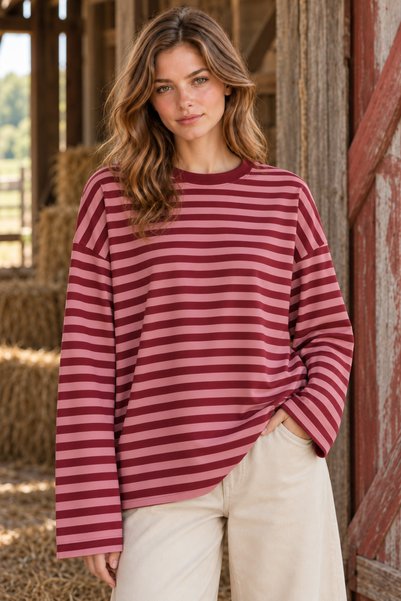 Moda Neval Women's Pink Burgundy Striped Oversize Crew Neck Long Sleeve T-Shirt