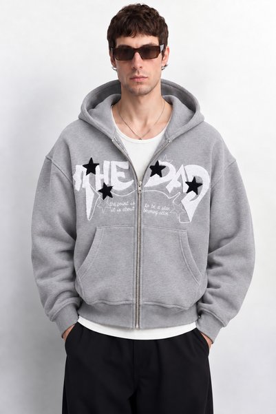 TWILIT Süzene Nakışlı Oversize Fermuarlı Hoodie Erkek Hırka Zip Sweatshirt Un...
