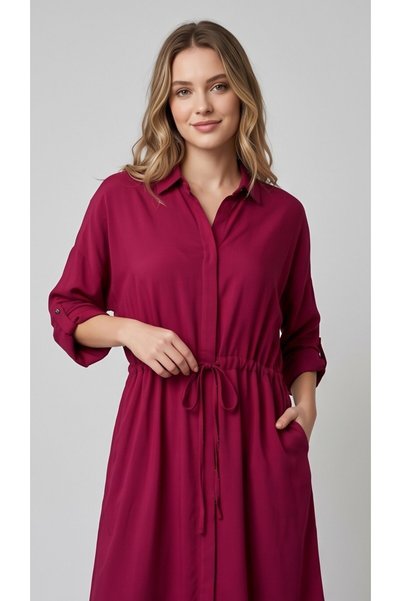 Herry Kadın %100 Viskon Oversize Gömlek Elbise - Tiril Tiril Beli Büzgülü Cep...