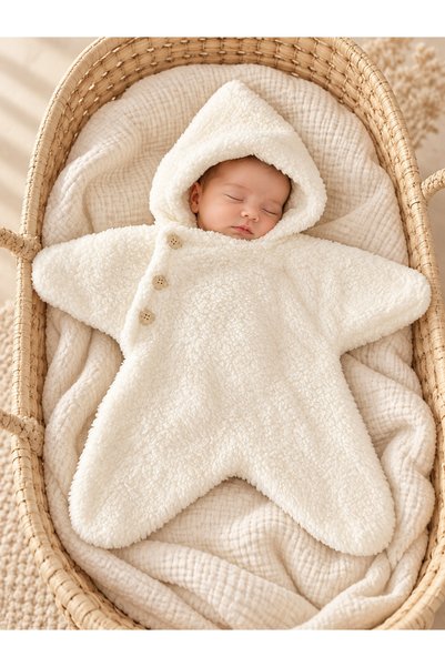 BEBEXO KIDS Unisex Bebek Kapüşonlu Önden Düğmeli Yıldız Peluş Tulum Kundak