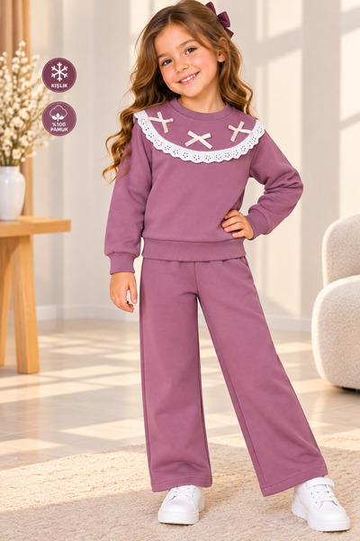 Lovexi Winter Girls' Lace Detailed 3 Thread Ruffled Top and Bottom Set