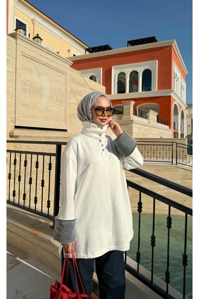 WOHOME Kadın Kolu Kürk Detaylı Dik Yaka Düğmeli Oversize Tesettür Tunik / Süv...