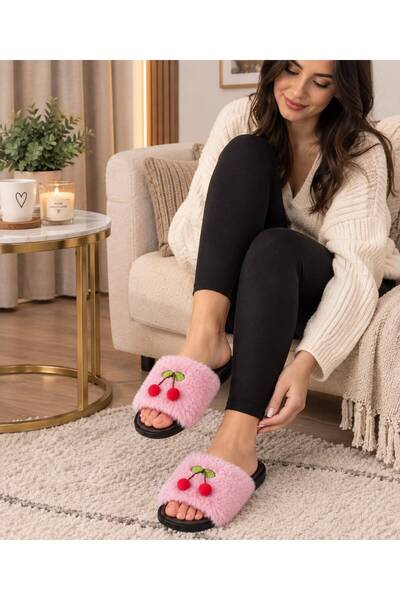 ModaTrendyy Cherry Detailed Plush Women's House Slippers Soft Sole Gift Dowry House Slippers