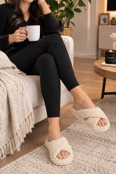 ModaTrendy Women's Beige Cross-Strapped Furry Home Guest Dowry Gift Slippers