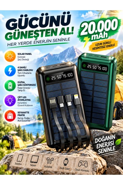 MATECHNO Solar 20.000 Mah Güneş Enerjili Led Işıklı Powerbank Şarj Aleti 1x Usb Çıkışlı Çoklu Kablolu