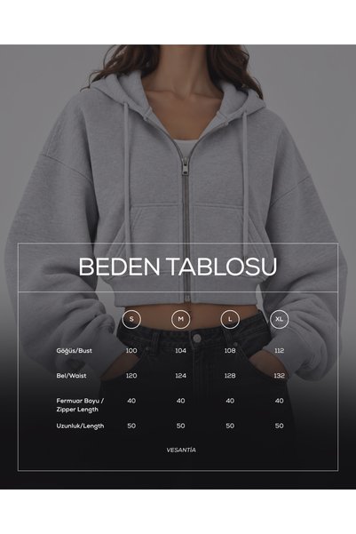 vesantia Kadın Oversize 3 İplik İçi Şardonlu Demir Fermuarlı Crop Kapüşonlu Sweatshirt