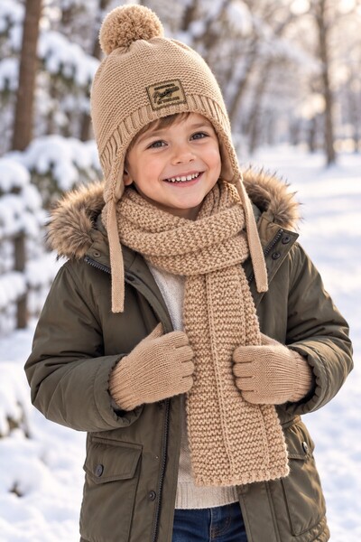 minik'o kids KİTTİ 26170-15 SET Eșarfă, Căciulă și Mănuși pentru Băieți 4-8 Ani