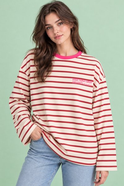 Moda Neval Women's Pink Striped Long Sleeve Oversize T-Shirt with Crew Neck