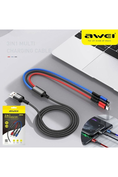 AWEI 3 σε 1 καλώδιο δεδομένων Micro USB, Type-C, Lightning 2.4A CL-971 120 εκ.