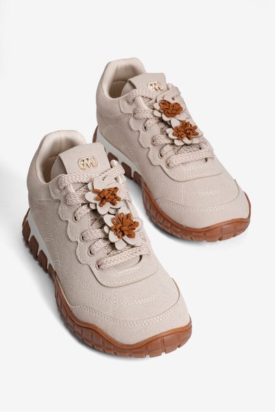 Mubiano Women's Suede Sneakers with Floral Accessories Casual Sports Shoes Nira Beige