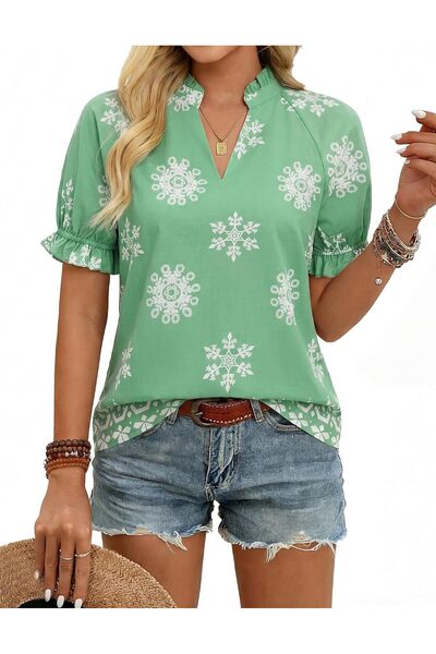 OtherMax Bluză Tunică Damă Din Bumbac Boho Florală Verde Mânecă Scurtă XXL
