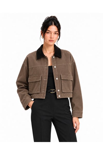 Kheten Vittoria Women's Brown Black Velvet Collar Buttoned Bomber Sleeve Over...