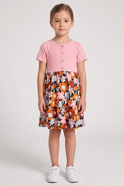 Picapino Kids Girl 2 Pcs Allover Print Short Sleeve Dress, Multicolor