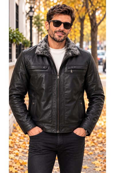 DYNAMO Men's Black Fur Collar Faux Leather Coat