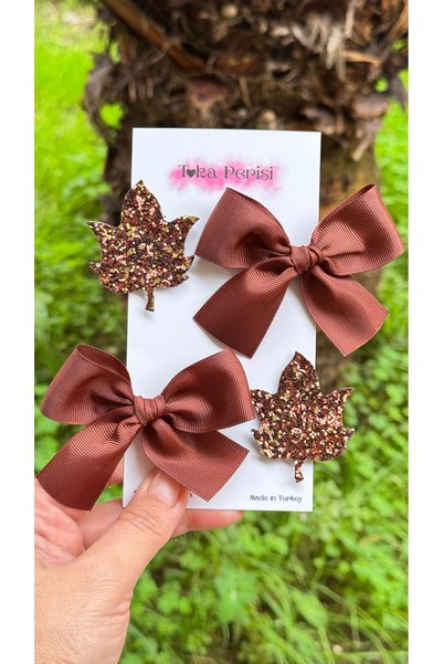 Toka Perisi Brown Ribbon Bow Glitter Leaf Set of 4 with Metal Clips
