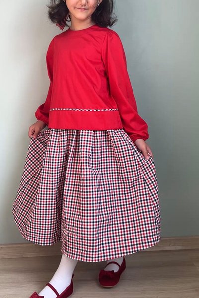 Masnu Çocuk Girl's Cotton Gingham Midi Skirt Long Sleeve Blouse Set
