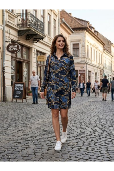 Polologin Butik Kadın Lacivert Altın Zincir Desenli Düğmeli Saten Gömlek Elbise
