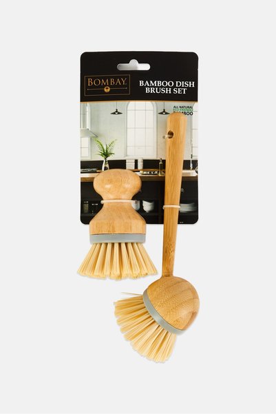 Bombay 2 Pcs Bamboo Dish Brush With Long Handle Brush Set, Beige