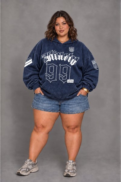 HAI COLLECTİON Unisex Hooded Sweatshirt Oversize 3 Thread Raster Navy Blue Ho...