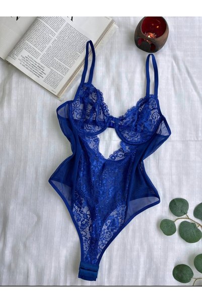 Genel Markalar Saks Mavi Dantel ve Tül Detaylı Balenli Bralet Body - Şık Fant...
