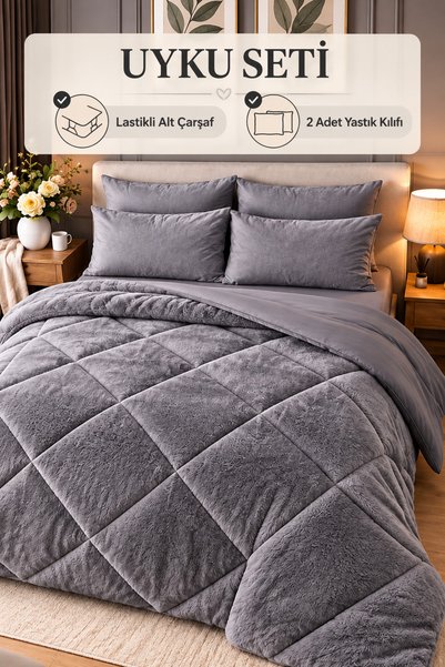 Belsina Çift Kişilik Wellsoft | Silikon Gri Uyku Seti 195x215 cm Yorgan | 180x200+30 cm Lastikli Çarşaf | 2 Adet Yastık Kılıfı