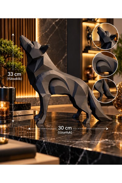 EMYCO. EMY&CO Premium Siyah Geometrik Uluyan Kurt Heykeli – 33 cm Modern Lüks...