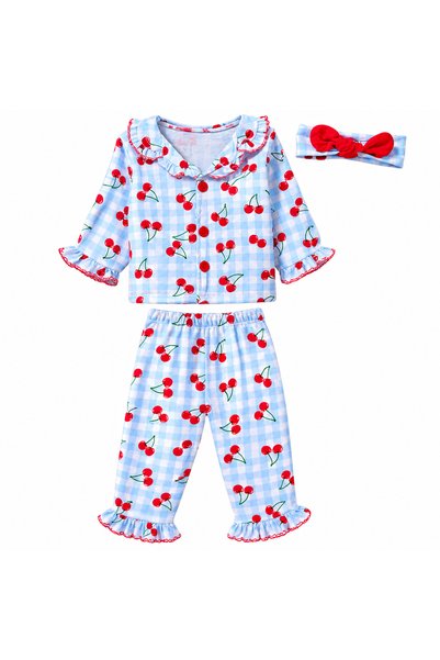 casa nexa Baby Girl Cherry Patterned Pajama Set Ruffled Long Sleeve Checkered...
