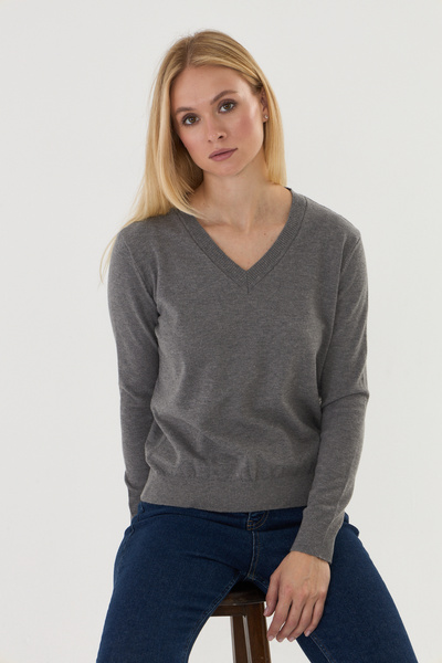 BELISTIL Cotton V-Neck Basic Gray Knit Sweater