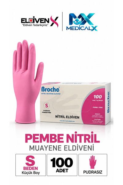 Medicalx Broche Fuşya Pembe Nitril Pudrasız Muayene Eldiveni 100’lük Kutu (Small /Küçük Boy)