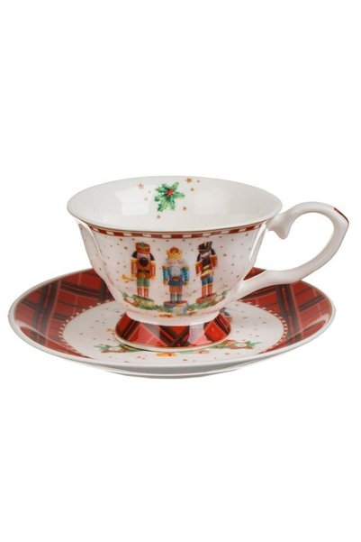 SHOPIENS Set Ceasca Farfurioara Craciun Ceramica Alba Bordura Carouri Spargat...